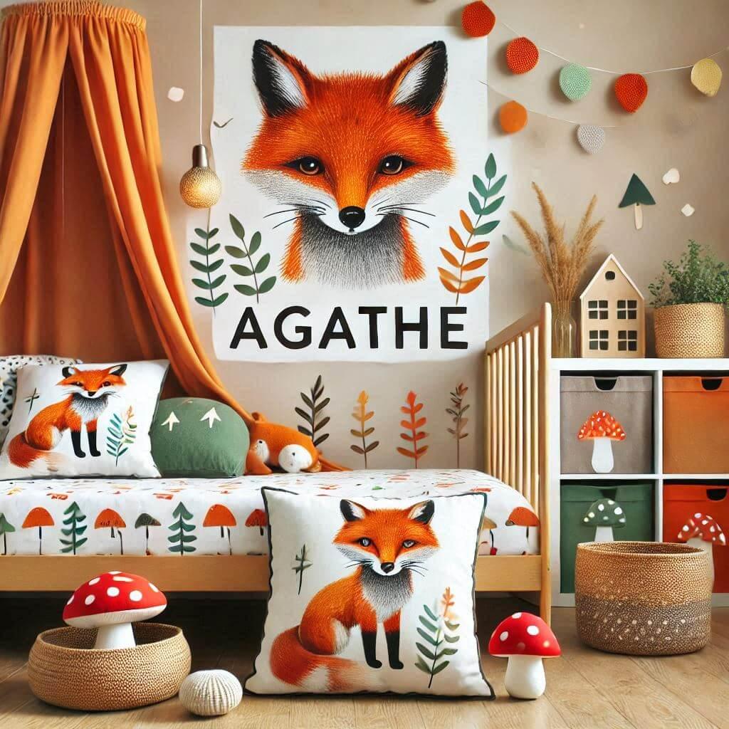 Decoration de chambre denfant sur le theme renard avec agathe ecrit en francais sur un coussin avec un lit simple ciel de lit couleur orange rouge vert marron meuble cube pour les