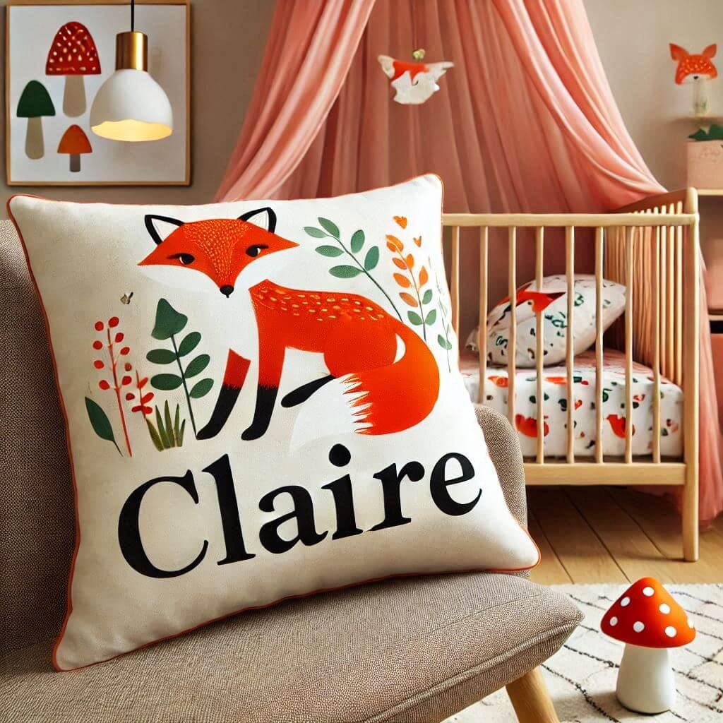 Decoration de chambre denfant sur le theme renard avec claire ecrit en francais sur un coussin avec un lit simple ciel de lit couleur orange rouge vert marron meuble cube pour les