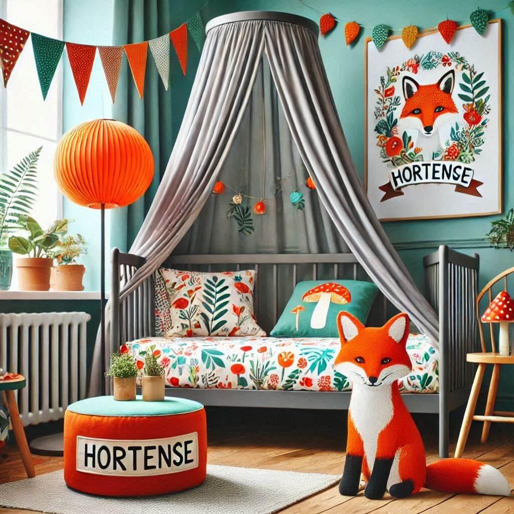 Decoration de chambre denfant sur le theme renard avec hortense ecrit en francais sur un coussin avec un lit simple ciel de lit couleur orange rouge vert marron meuble cube pour le