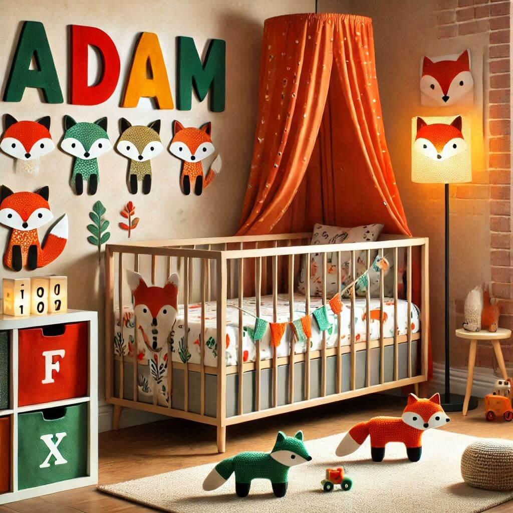 Decoration de chambre denfant sur le theme renard avec le prenom adam avec un lit simple ciel de lit couleur orange rouge vert marron meuble cube pour les jouets draps motifs renar