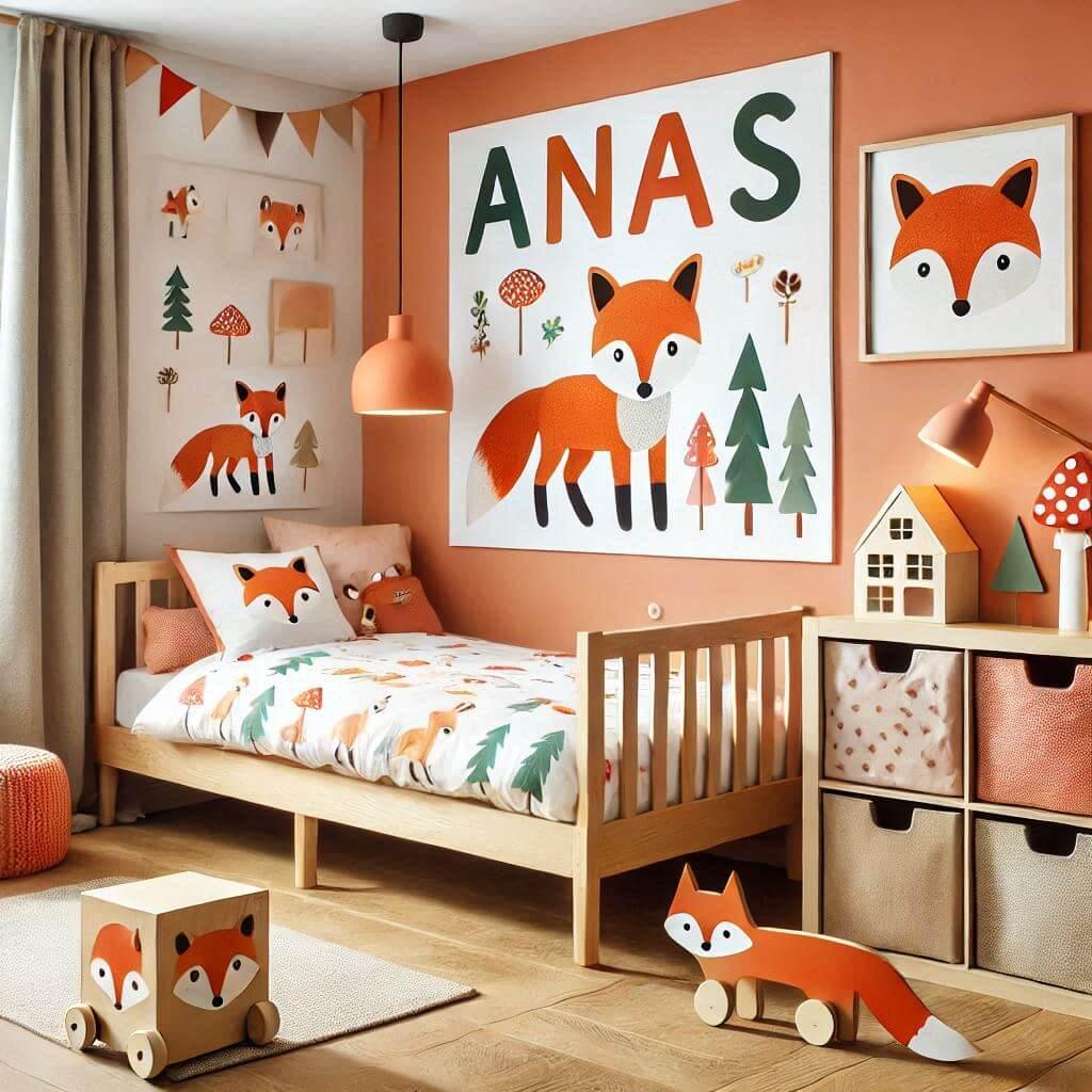 Decoration de chambre denfant sur le theme renard avec le prenom anas avec un lit simple ciel de lit couleur orange rouge vert marron meuble cube pour les jouets draps motifs renar