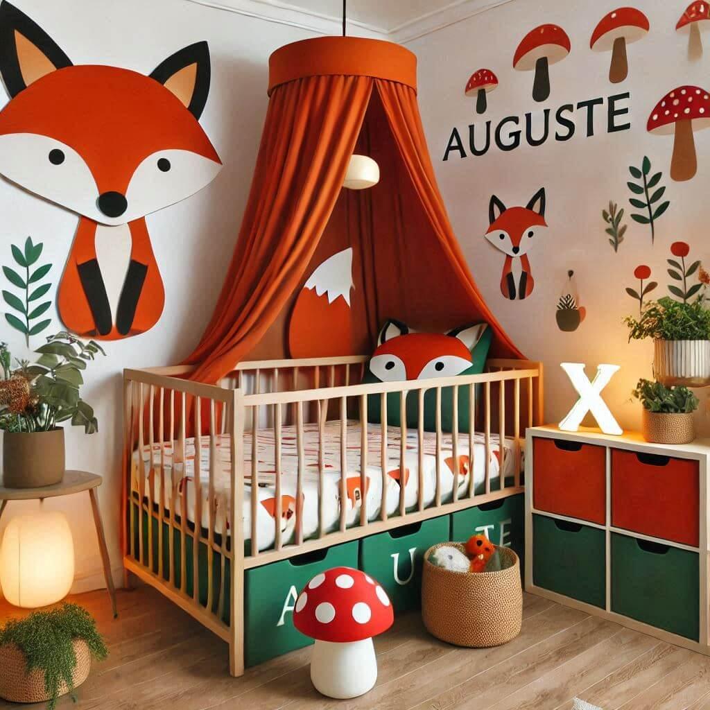 Decoration de chambre denfant sur le theme renard avec le prenom auguste avec un lit simple ciel de lit couleur orange rouge vert marron meuble cube pour les jouets draps motifs re