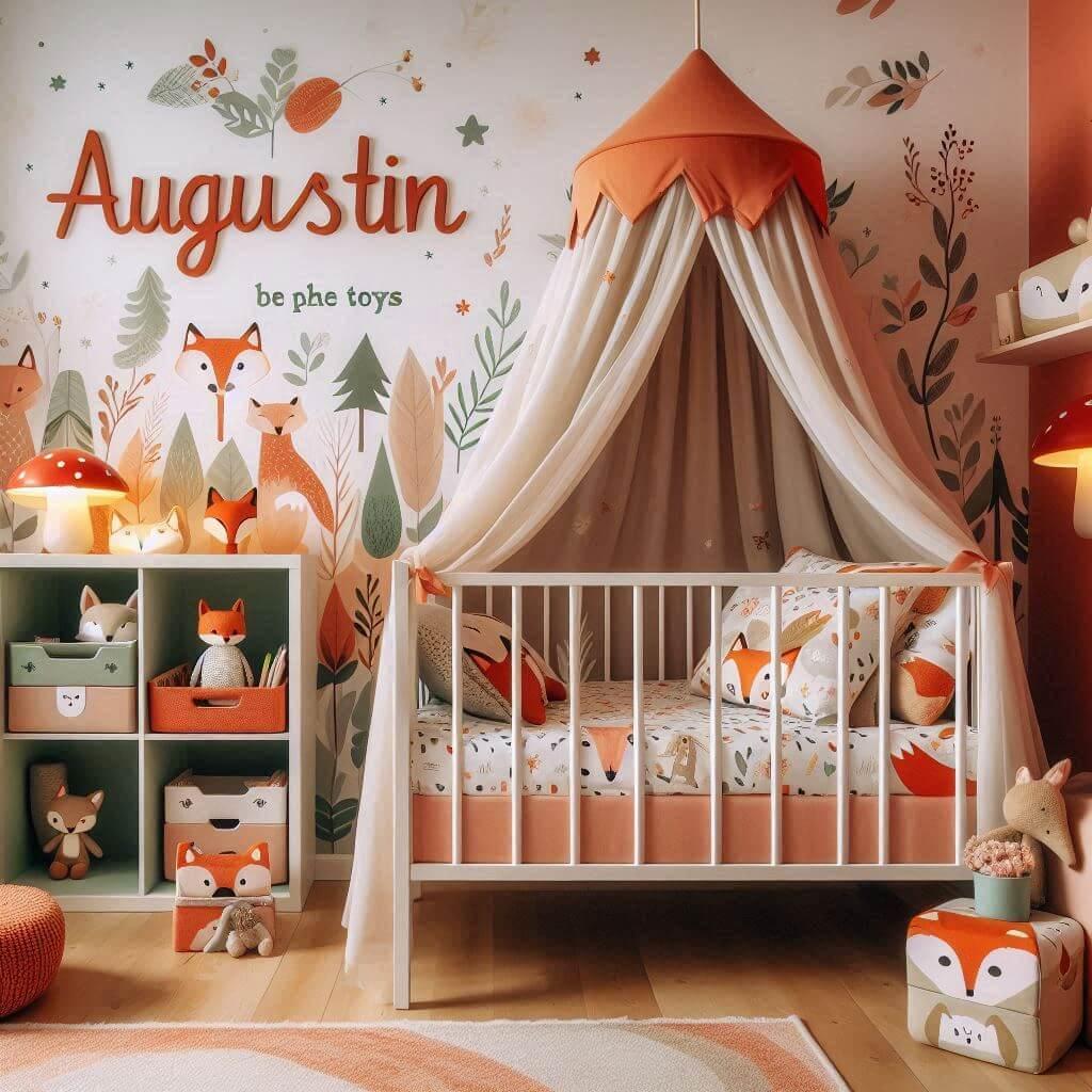 Decoration de chambre denfant sur le theme renard avec le prenom augustin avec un lit simple ciel de lit couleur orange rouge vert marron meuble cube pour les jouets draps motifs r