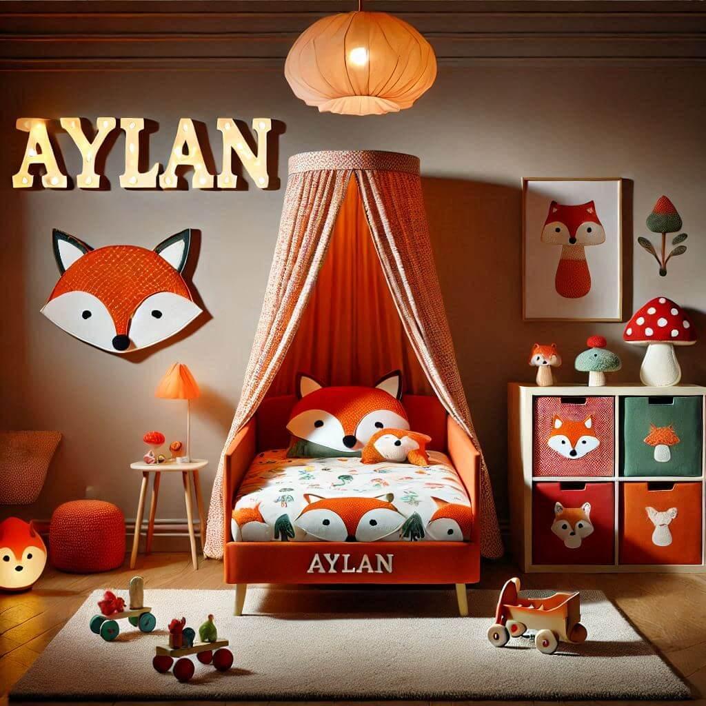 Decoration de chambre denfant sur le theme renard avec le prenom aylan avec un lit simple ciel de lit couleur orange rouge vert marron meuble cube pour les jouets draps motifs rena