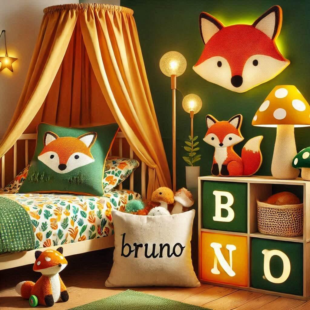 Decoration de chambre denfant sur le theme renard avec le prenom bruno ecrit sur un coussin avec un lit simple ciel de lit couleur orange jaune vert marron meuble cube pour les jou