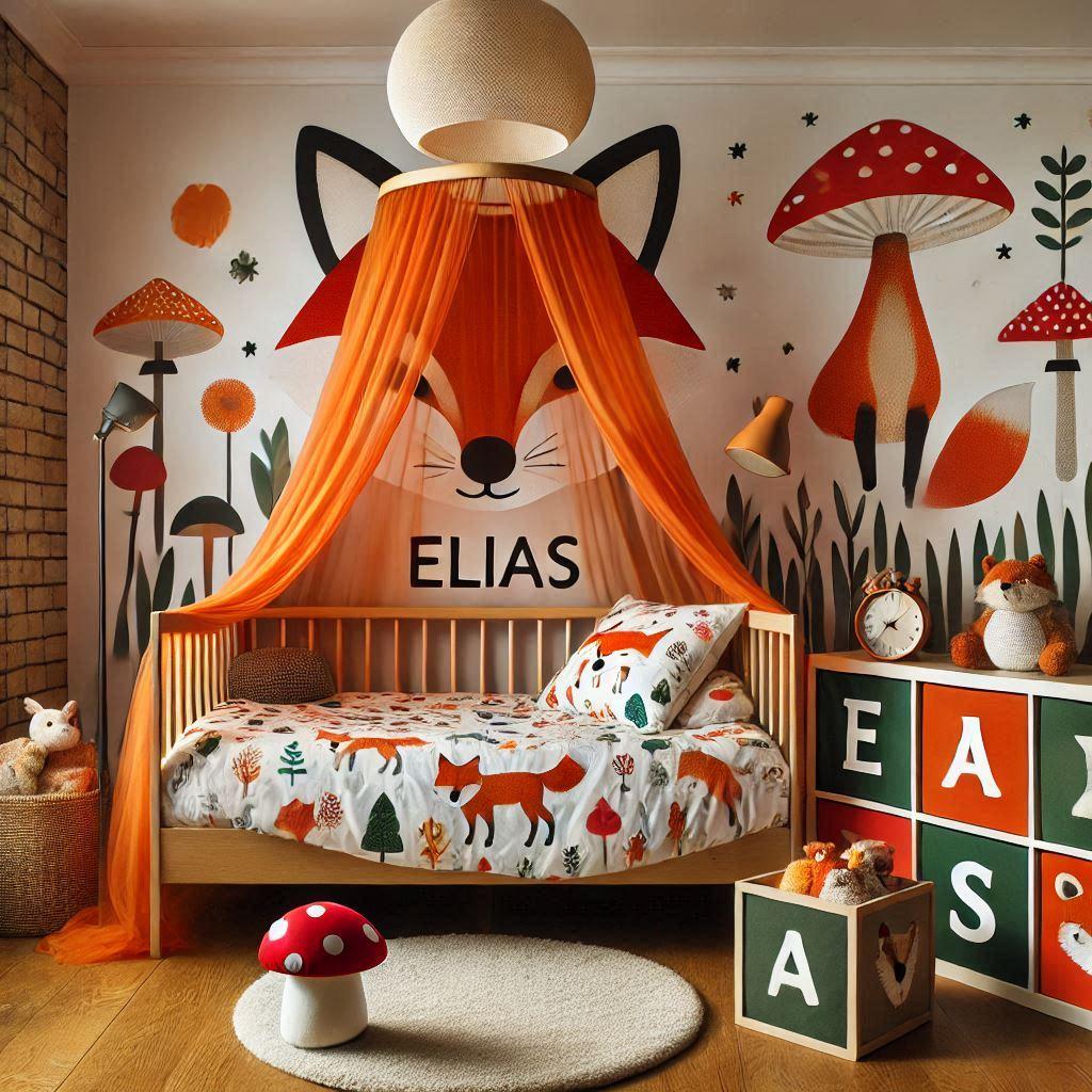 belle decoration de chambre enfant, theme renard, avec le prenom elias