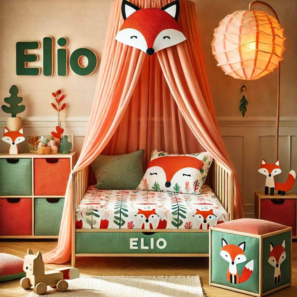 Decoration de chambre denfant sur le theme renard avec le prenom elio avec un lit simple ciel de lit couleur orange rouge vert marron meuble cube pour les jouets draps motifs renar