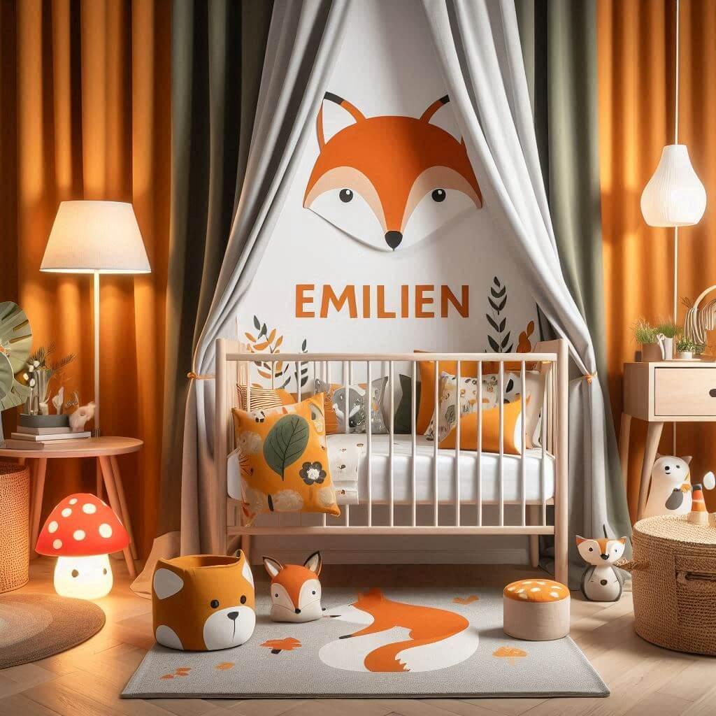 Decoration de chambre denfant sur le theme renard avec le prenom emilien ecrit sur un coussin avec un lit simple ciel de lit couleur orange jaune vert gris meuble cube pour les jou