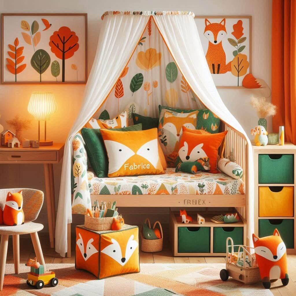 Decoration de chambre denfant sur le theme renard avec le prenom fabrice ecrit sur un coussin avec un lit simple ciel de lit couleur orange jaune vert marron meuble cube pour les j