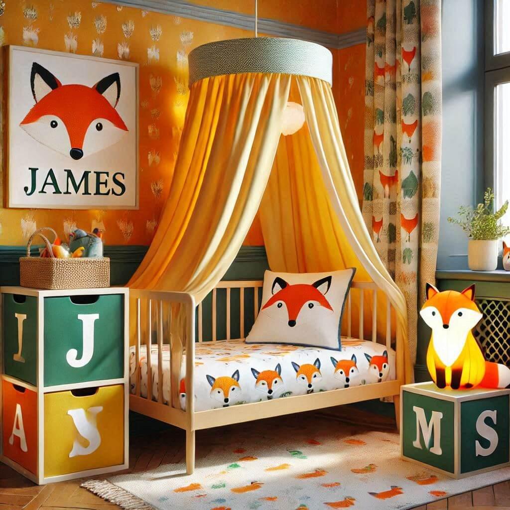 Decoration de chambre denfant sur le theme renard avec le prenom james ecrit sur un coussin avec un lit simple ciel de lit couleur orange jaune vert marron meuble cube pour les jou