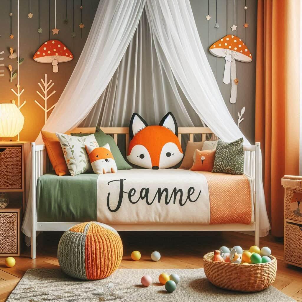 Decoration de chambre denfant sur le theme renard avec le prenom jeanne ecrit sur un coussin avec un lit simple ciel de lit couleurs pastels orange jaune vert marron meuble cube po