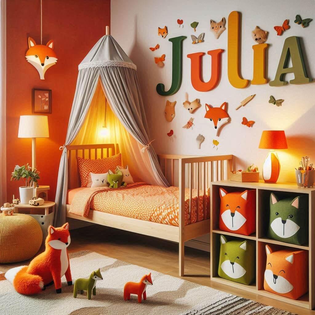 Decoration de chambre denfant sur le theme renard avec le prenom julia avec un lit simple ciel de lit couleur orange rouge vert marron meuble cube pour les jouets draps motifs rena