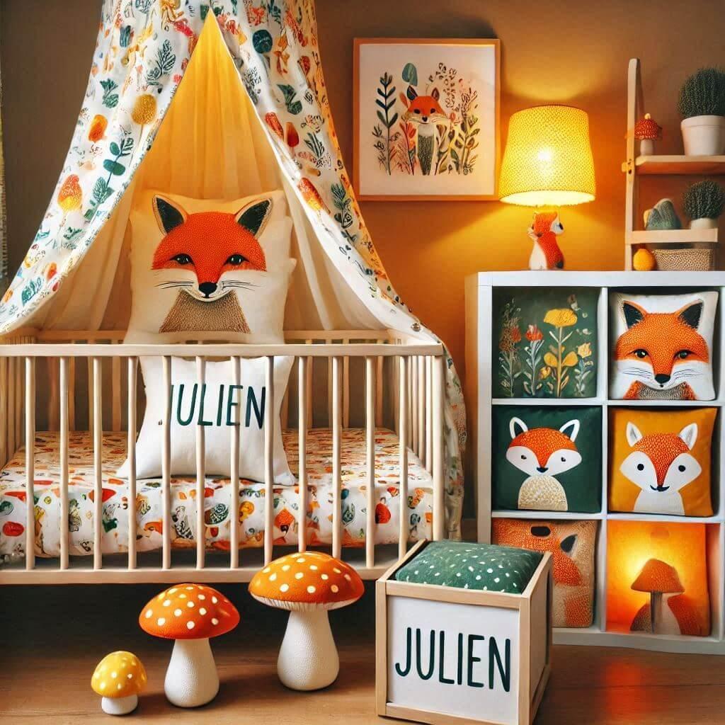 Decoration de chambre denfant sur le theme renard avec le prenom julien ecrit sur un coussin avec un lit simple ciel de lit couleur orange jaune vert marron meuble cube pour les jo