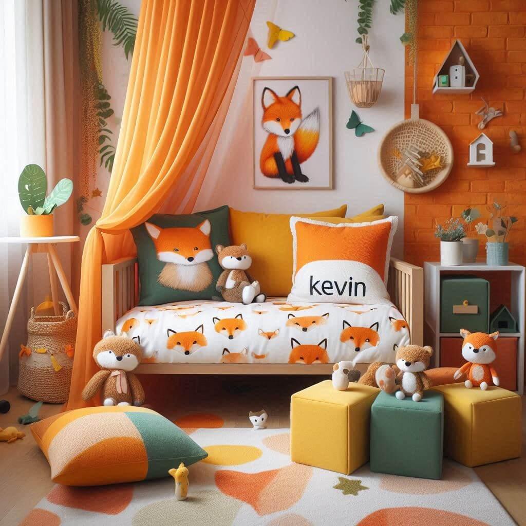 Decoration de chambre denfant sur le theme renard avec le prenom kevin ecrit sur un coussin avec un lit simple ciel de lit couleur orange jaune vert marron meuble cube pour les jou