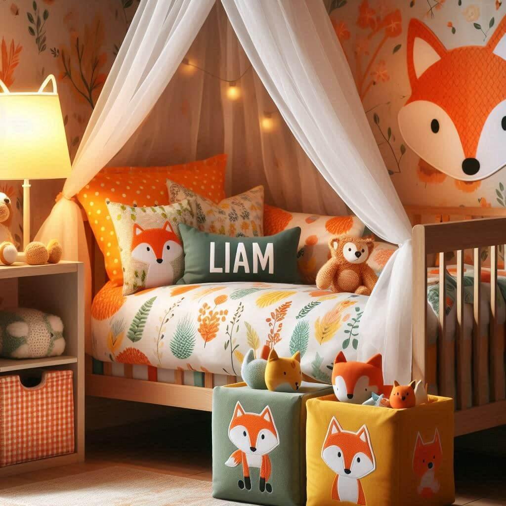 Decoration de chambre denfant sur le theme renard avec le prenom liam ecrit sur un coussin avec un lit simple ciel de lit couleur orange jaune vert marron meuble cube pour les joue