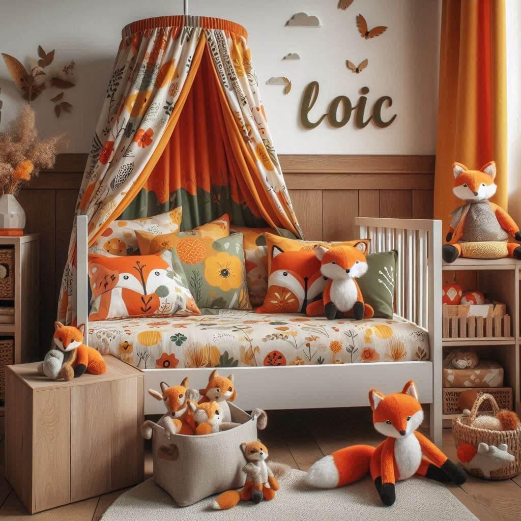 Decoration de chambre denfant sur le theme renard avec le prenom loic ecrit sur un coussin avec un lit simple ciel de lit couleur orange jaune vert marron meuble cube pour les joue