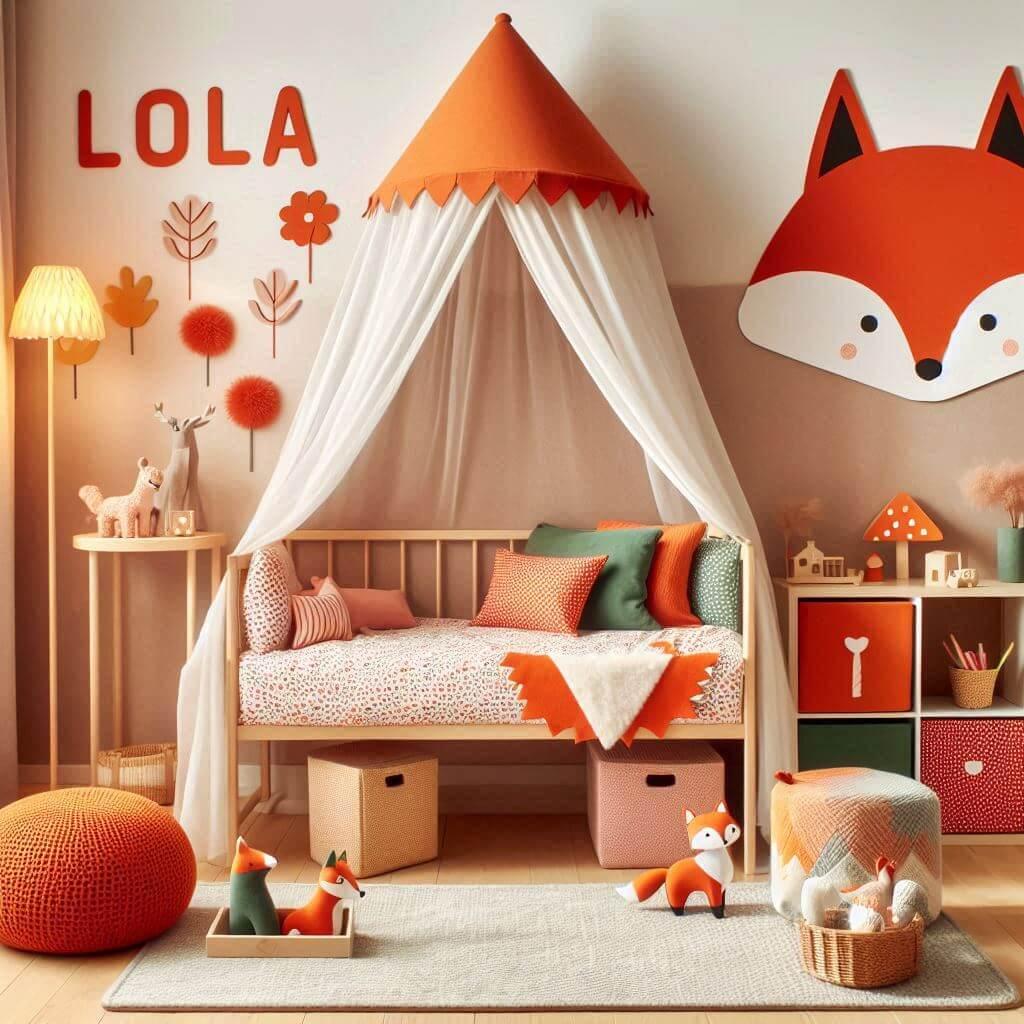 Decoration de chambre denfant sur le theme renard avec le prenom lola avec un lit simple ciel de lit couleur orange rouge vert marron meuble cube pour les jouets draps motifs renar