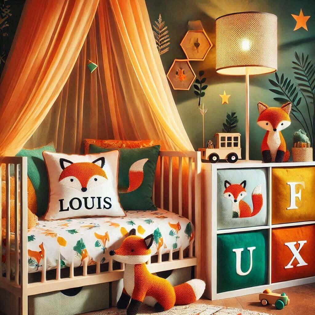 Decoration de chambre denfant sur le theme renard avec le prenom louis ecrit sur un coussin avec un lit simple ciel de lit couleur orange jaune vert marron meuble cube pour les jou