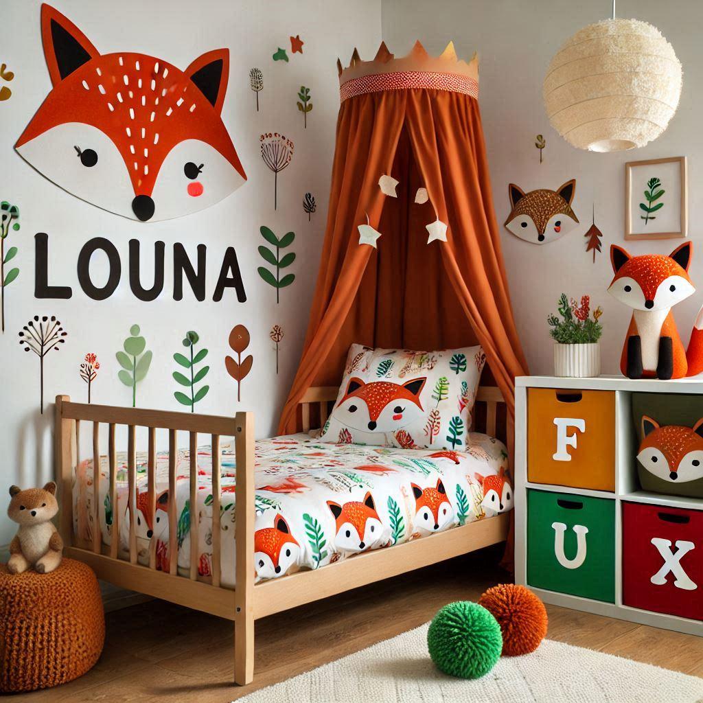 Decoration de chambre denfant sur le theme renard avec le prenom louna avec un lit simple ciel de lit couleur orange rouge vert marron meuble cube pour les jouets draps motifs rena