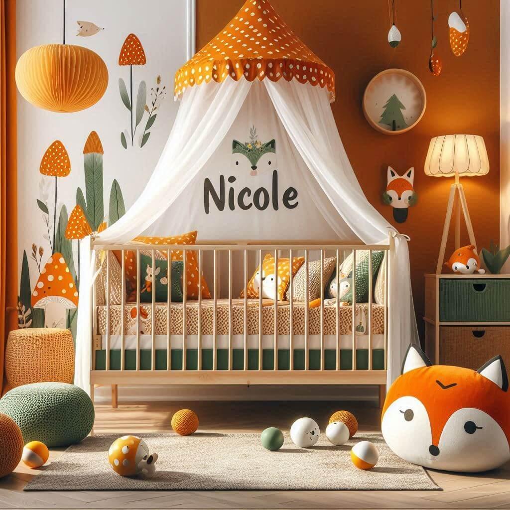 Decoration de chambre denfant sur le theme renard avec le prenom nicole ecrit sur un coussin avec un lit simple ciel de lit couleurs pastels orange jaune vert marron meuble cube po