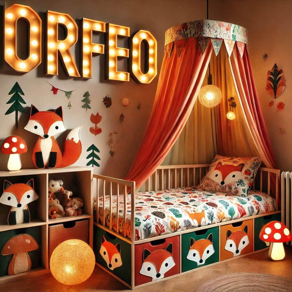 Decoration de chambre denfant sur le theme renard avec le prenom orfeo avec un lit simple ciel de lit couleur orange rouge vert marron meuble cube pour les jouets draps motifs rena