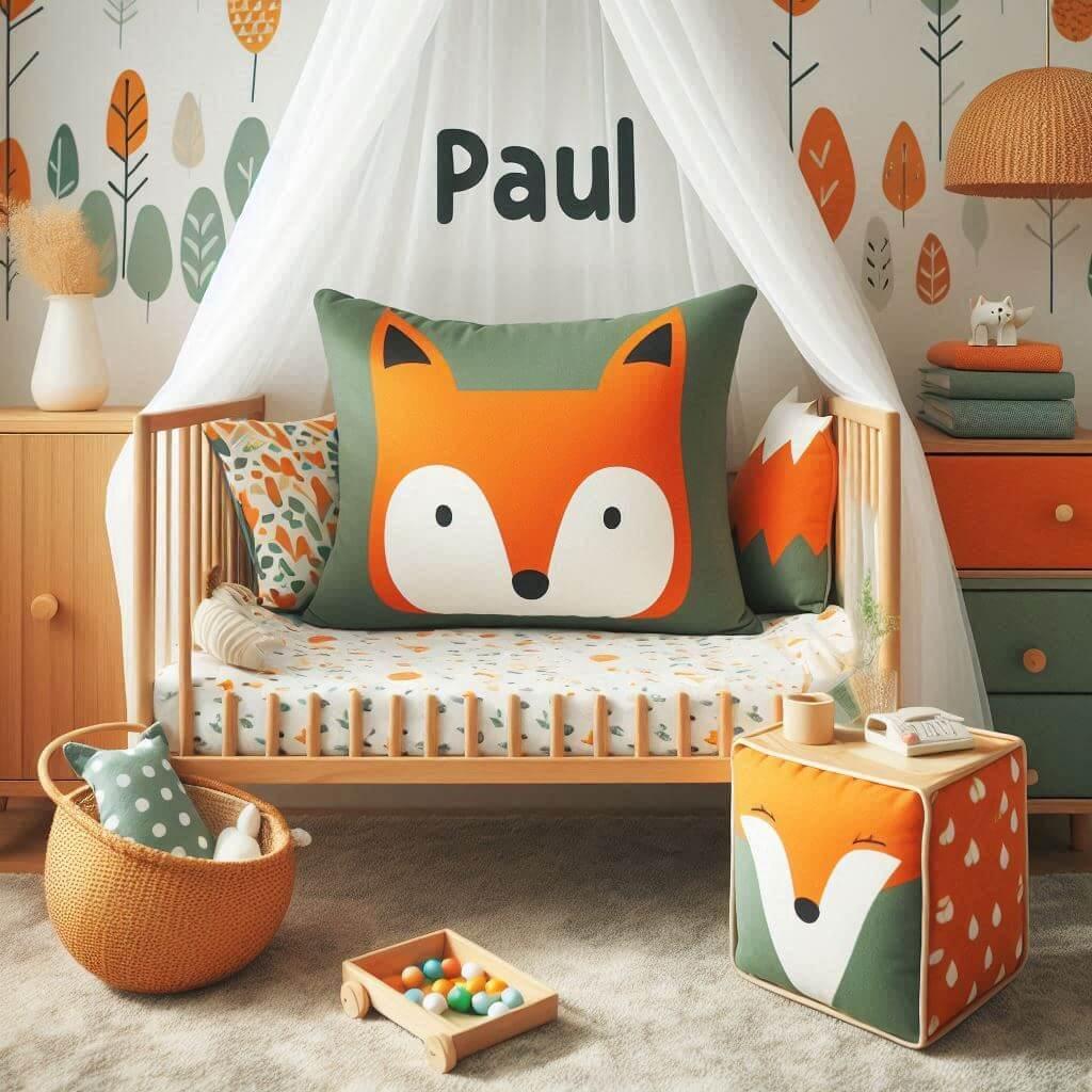 Decoration de chambre denfant sur le theme renard avec le prenom paul ecrit sur un coussin avec un lit simple ciel de lit couleur orange jaune vert marron meuble cube pour les joue