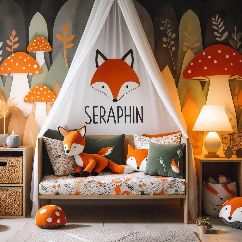 Decoration de chambre denfant sur le theme renard avec le prenom seraphin ecrit sur un coussin avec un lit simple ciel de lit couleur orange jaune vert gris meuble cube pour les jo