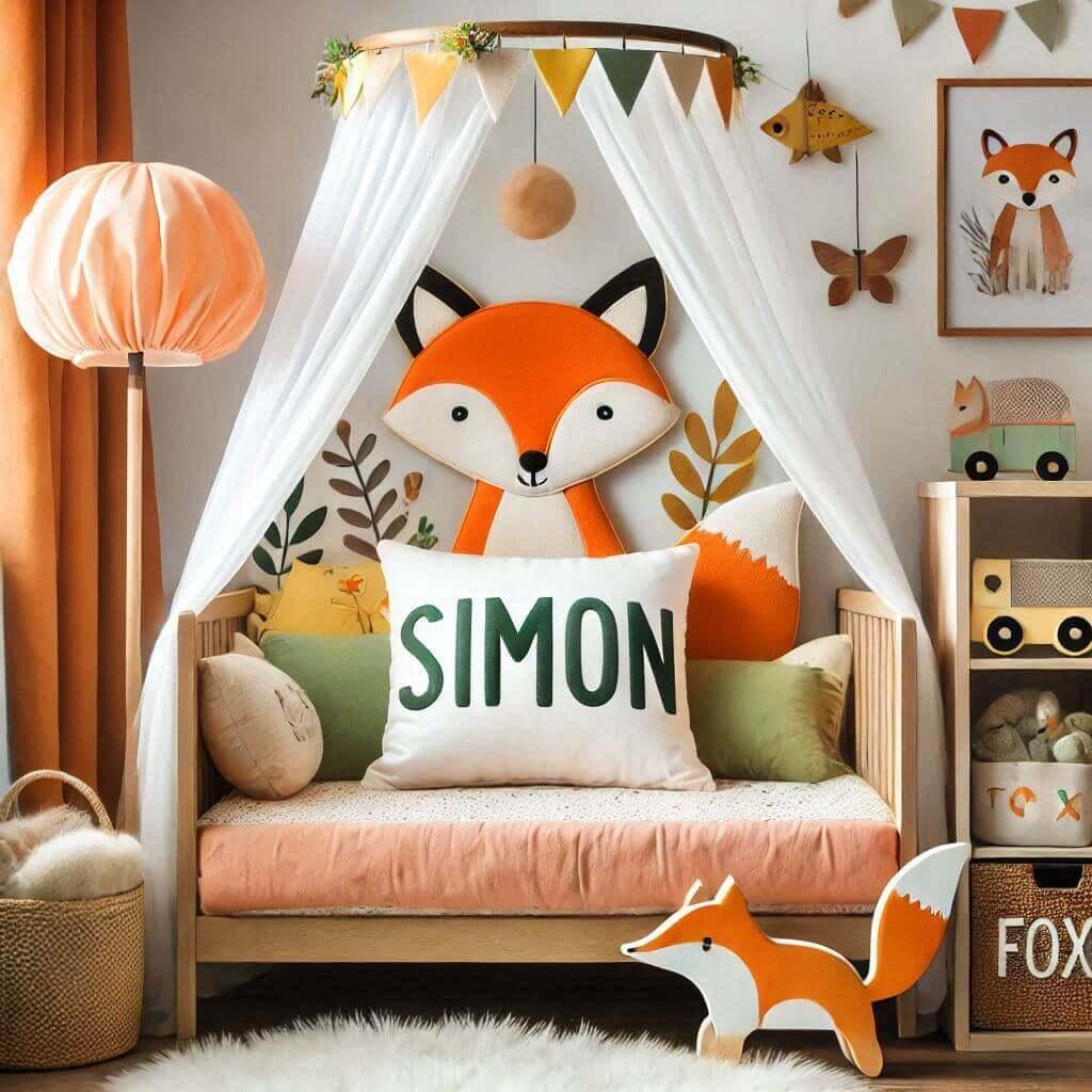 Decoration de chambre denfant sur le theme renard avec le prenom simon ecrit sur un coussin avec un lit simple ciel de lit couleur orange jaune vert marron meuble cube pour les jou