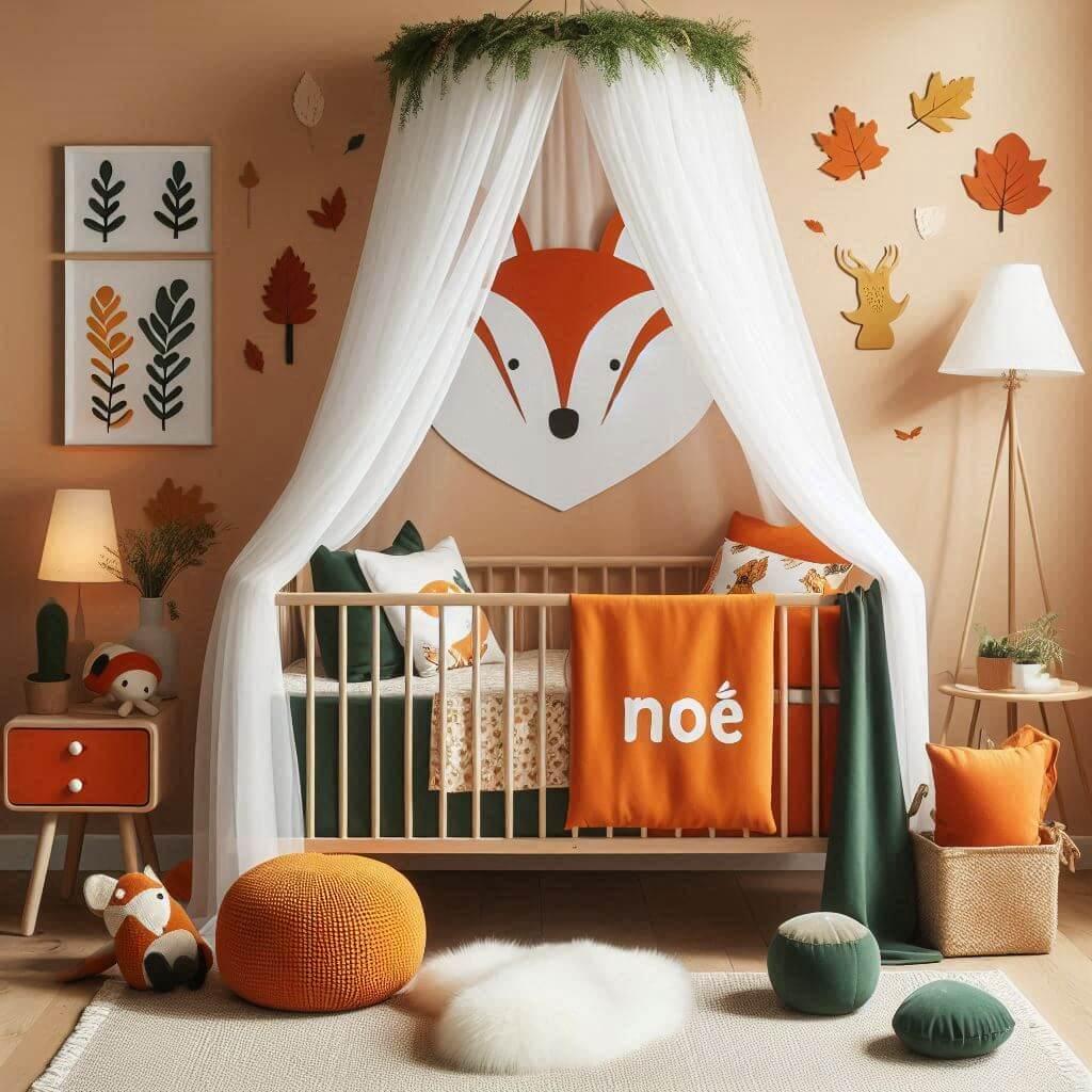 Decoration de chambre denfant sur le theme renard avec un lit simple ciel de lit couleur orange jaune vert marron meuble cube pour les jouets draps motifs feuilles lampe champignon