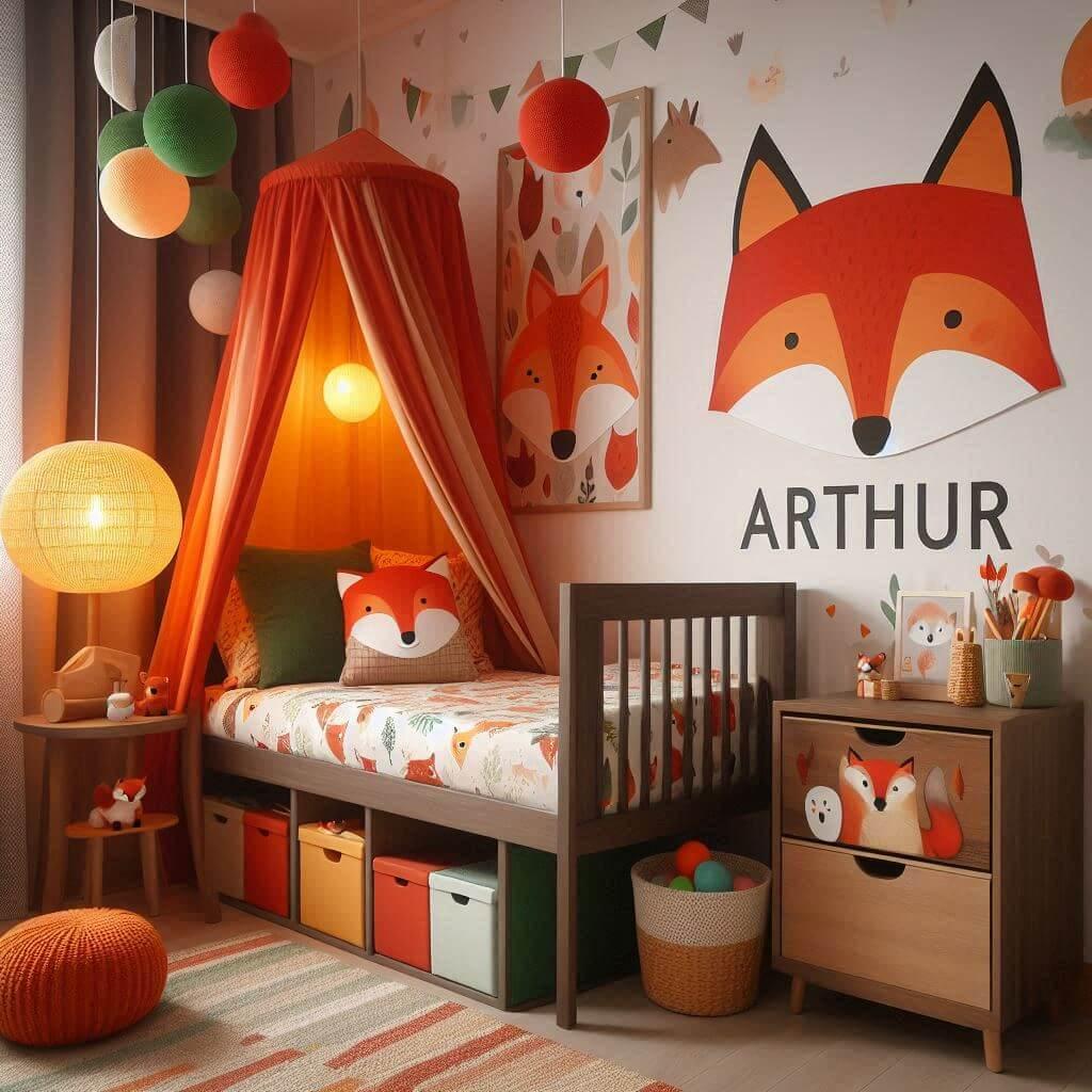 jolie decoration de chambre enfant theme renard, prenom arthur