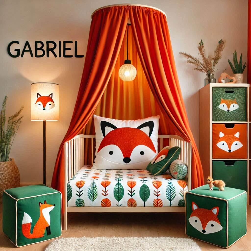 Decoration de chambre denfant sur le theme renard avec un lit simple ciel de lit couleur orange rouge vert marron meuble cube pour les jouets draps motifs renard lampe renard allum