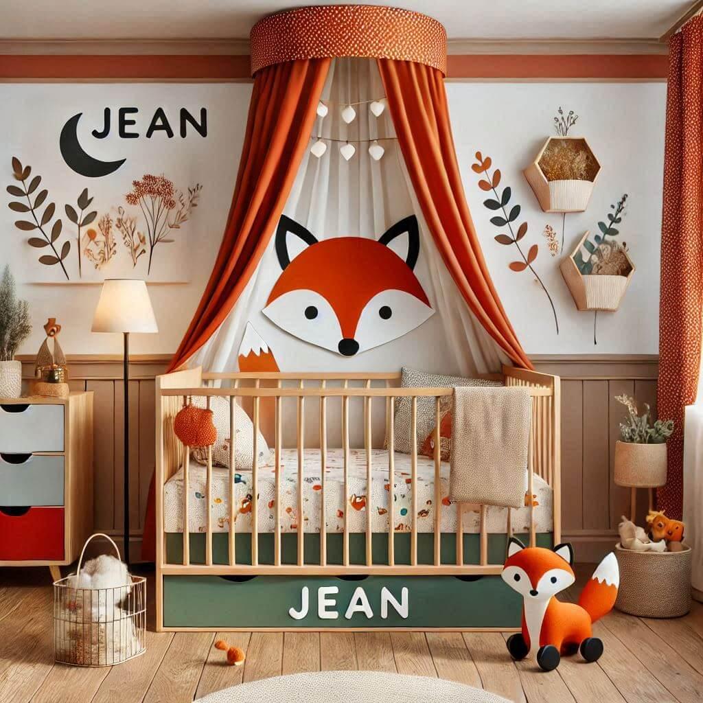 Decoration de chambre denfant sur le theme renard avec un lit simple ciel de lit couleur orange rouge vert marron meuble cube pour les jouets draps motifs renard lampe renard allum