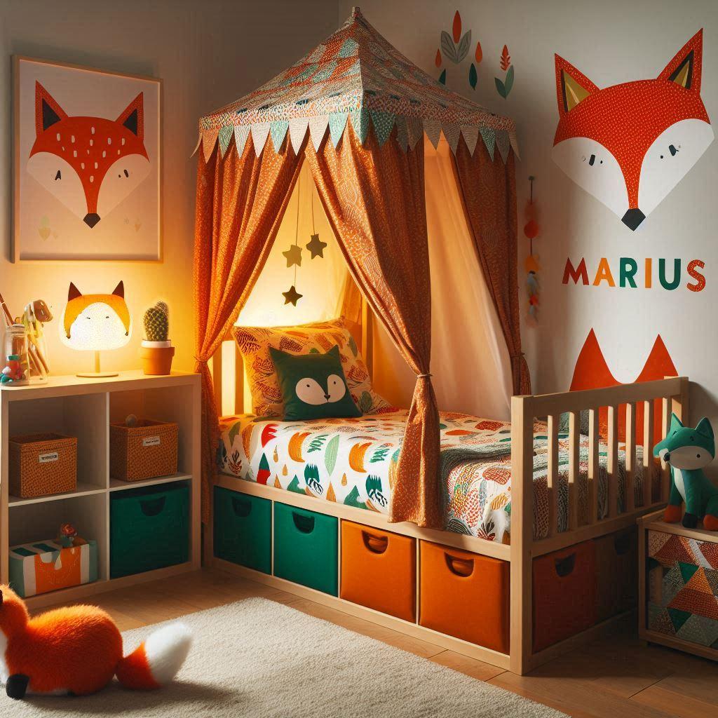 Decoration de chambre denfant sur le theme renard avec un lit simple ciel de lit couleur orange rouge vert marron meuble cube pour les jouets draps motifs renard lampe renard allum