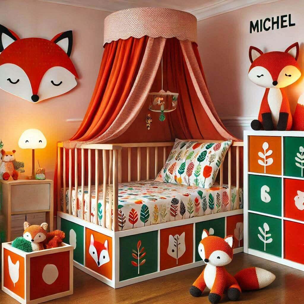 Decoration de chambre denfant sur le theme renard avec un lit simple ciel de lit couleur orange rouge vert marron meuble cube pour les jouets draps motifs renard lampe renard allum