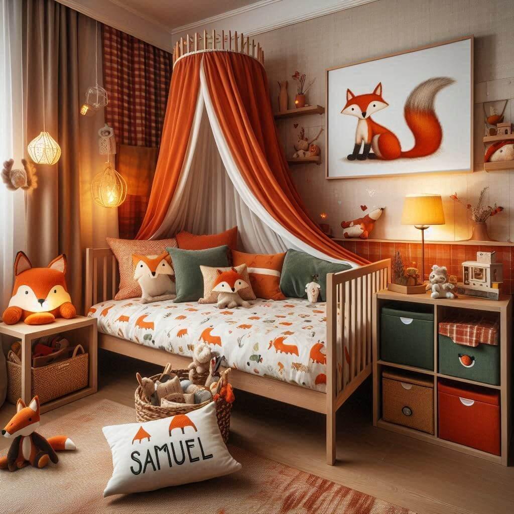 Decoration de chambre denfant sur le theme renard avec un lit simple ciel de lit couleur orange rouge vert marron meuble cube pour les jouets draps motifs renard lampe renard allum