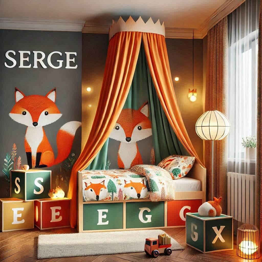 Decoration de chambre denfant sur le theme renard avec un lit simple ciel de lit couleur orange rouge vert marron meuble cube pour les jouets draps motifs renard lampe renard allum