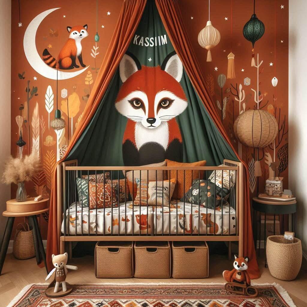 Decoration de chambre denfant sur le theme renard et red panda avec le prenom kassim ecrit sur un oreiller avec un lit simple ciel de lit couleur orange rouge vert marron meuble cu