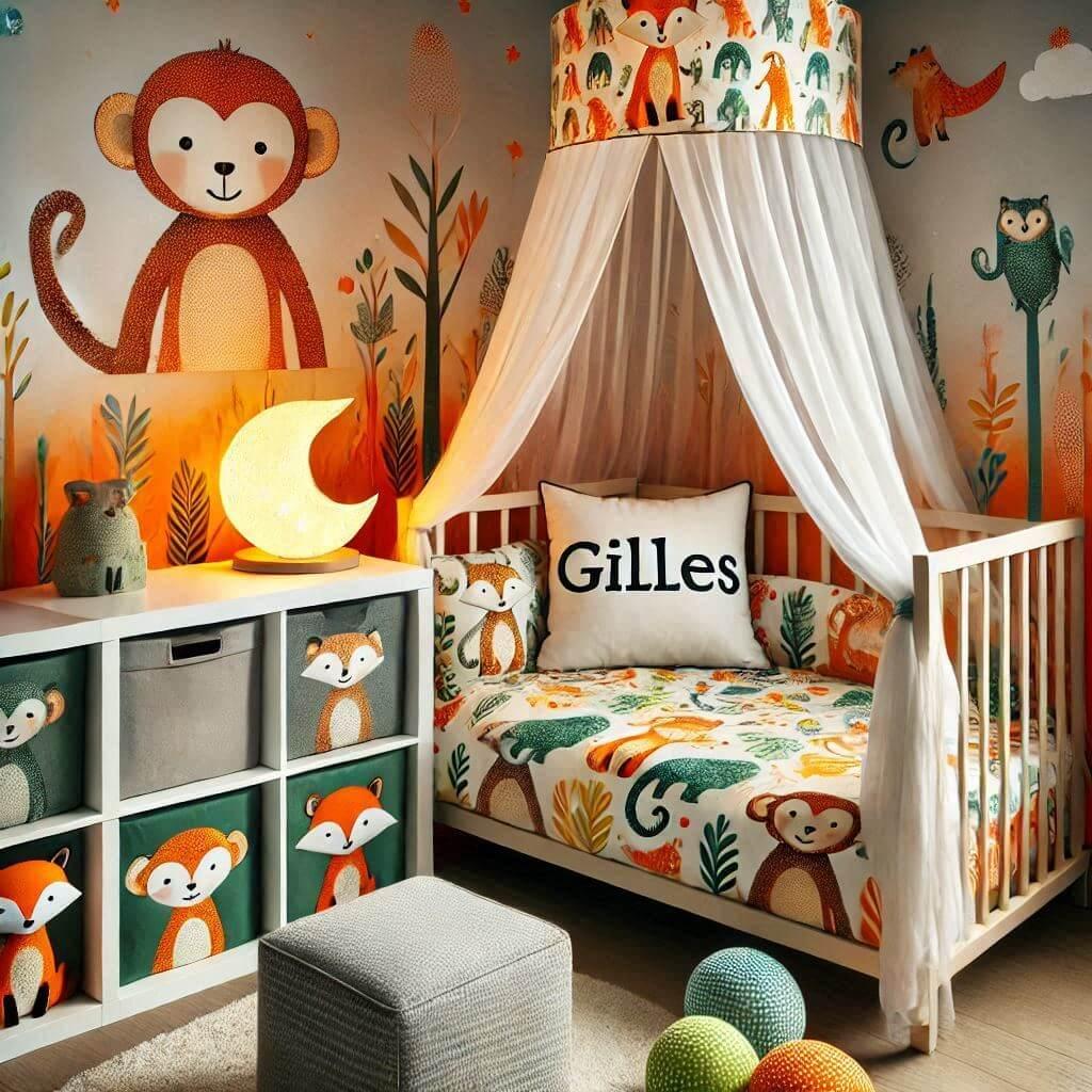 Decoration de chambre denfant sur le theme singe avec le prenom gilles ecrit sur un coussin avec un lit simple ciel de lit couleur orange jaune vert gris meuble cube pour les jouet