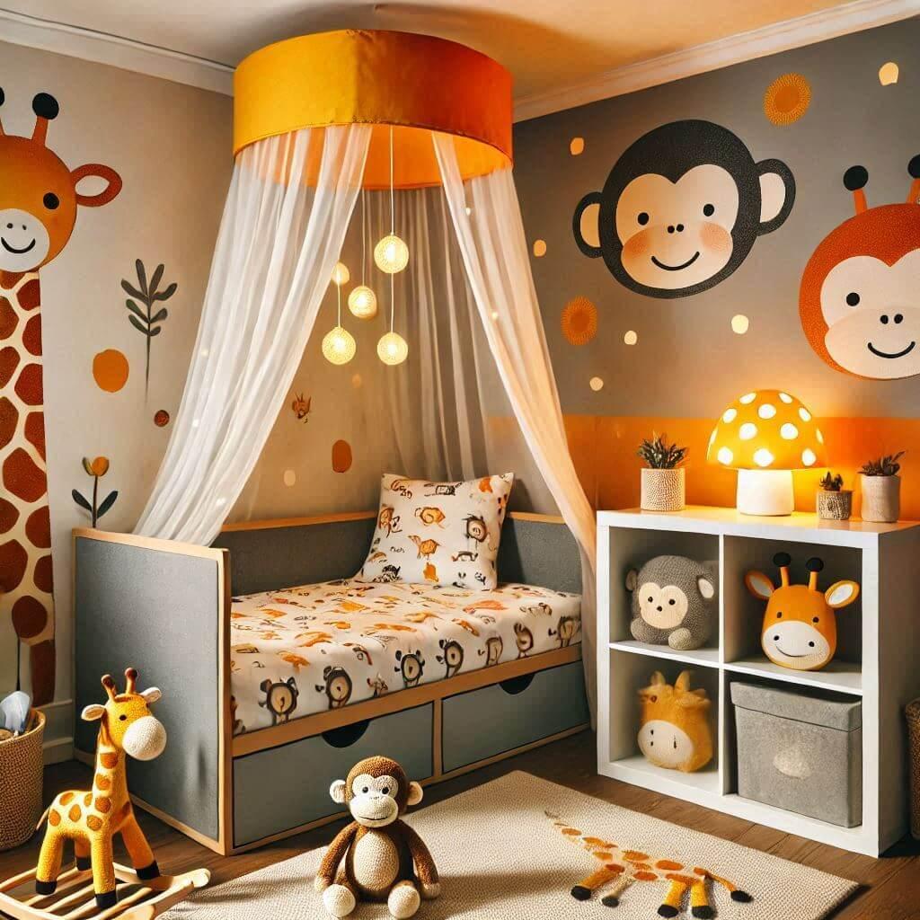 Decoration de chambre denfant sur le theme singe avec le prenom nicolas ecrit sur un coussin avec un lit simple ciel de lit couleur orange jaune vert gris meuble cube pour les joue