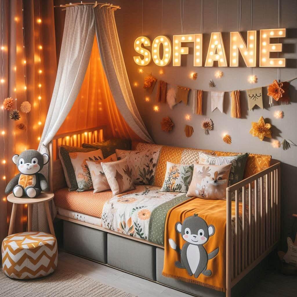 Decoration de chambre denfant sur le theme singe avec le prenom sofiane ecrit sur un coussin avec un lit simple ciel de lit couleur orange jaune vert gris meuble cube pour les joue