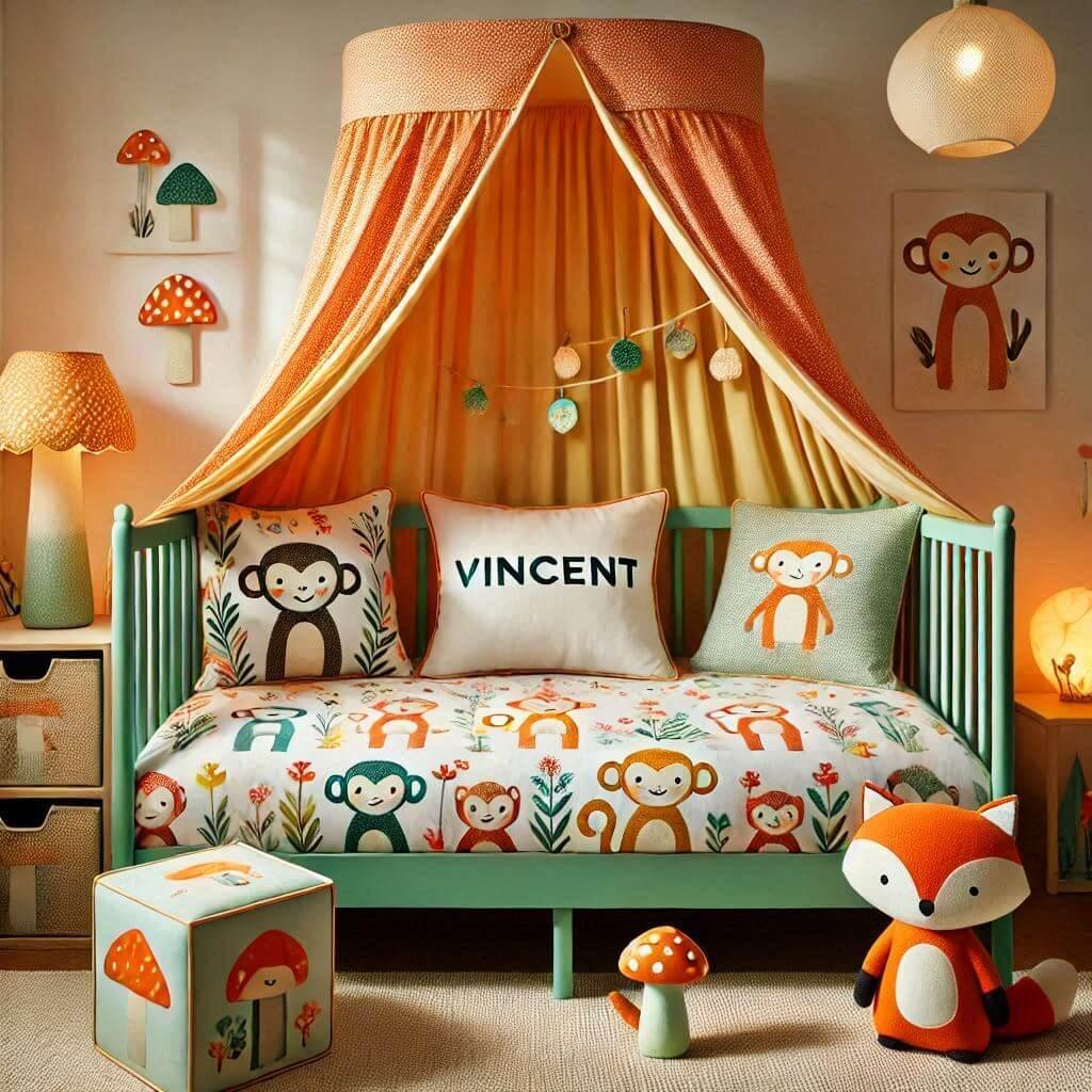 Decoration de chambre denfant sur le theme singe avec le prenom vincent ecrit sur un coussin avec un lit simple ciel de lit couleur orange jaune vert gris meuble cube pour les joue