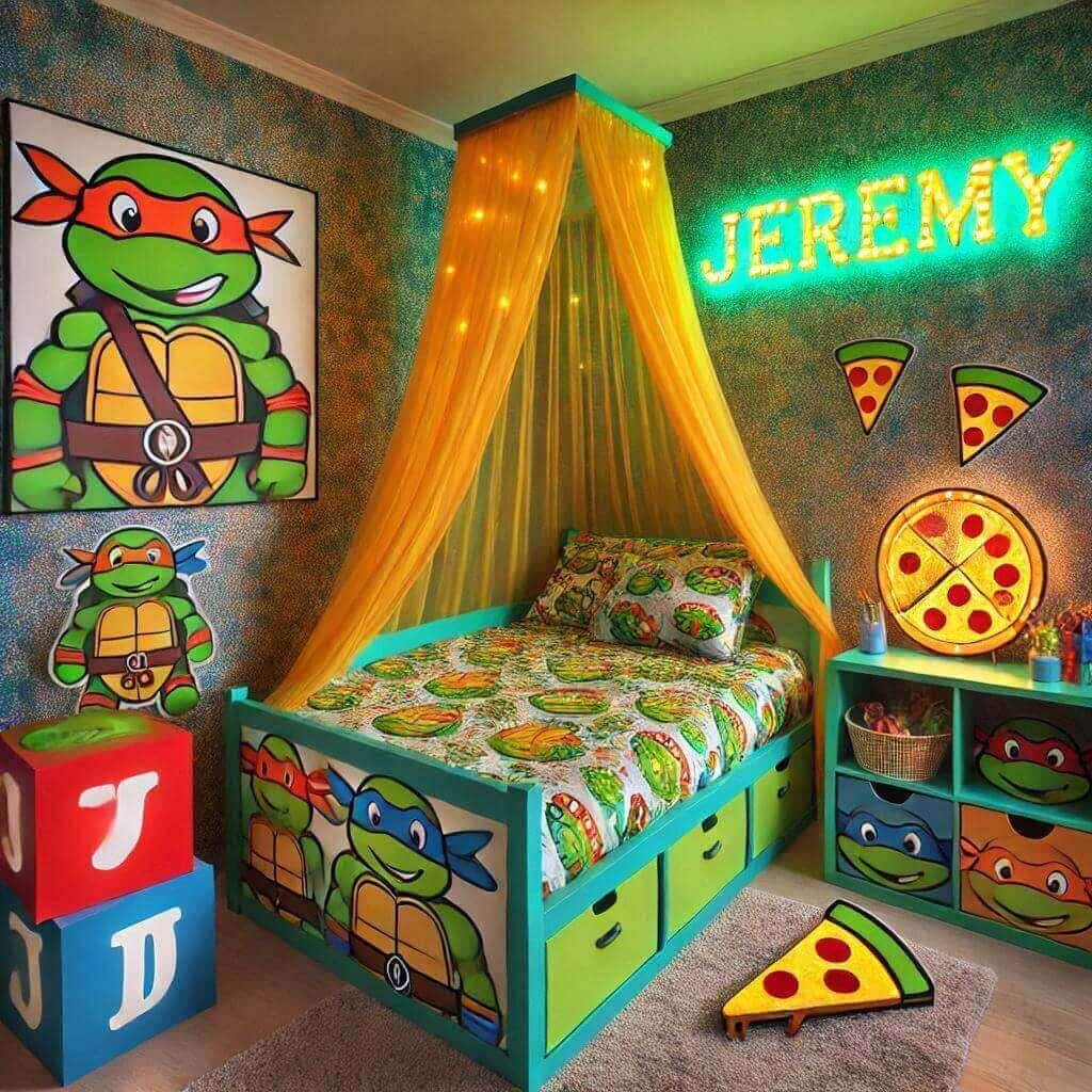 Decoration de chambre denfant sur le theme tortue ninja avec le prenom jeremy