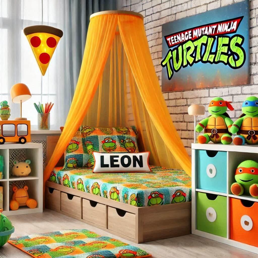 Decoration de chambre denfant sur le theme tortue ninja avec un lit simple ciel de lit couleur orange jaune vert marron meuble cube pour les jouets draps motifs tortue lampe pizza