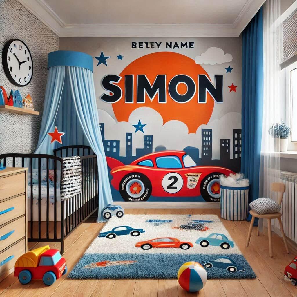 chambre de bebe garcon prenom simon theme voiture couleurs vives rideaux voiture