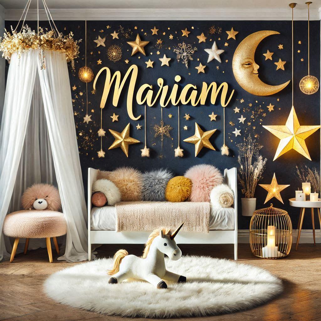 Decoration realiste de chambre de bebe personnalisee avec le prenom mariam theme etoiles et ciel nocturne ciel etoile lune etoile bleu nuit rose pale moutarde et dore tapis fourure