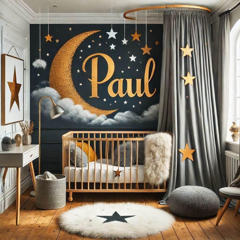 Decoration realiste de chambre de bebe personnalisee avec le prenom paul theme etoiles