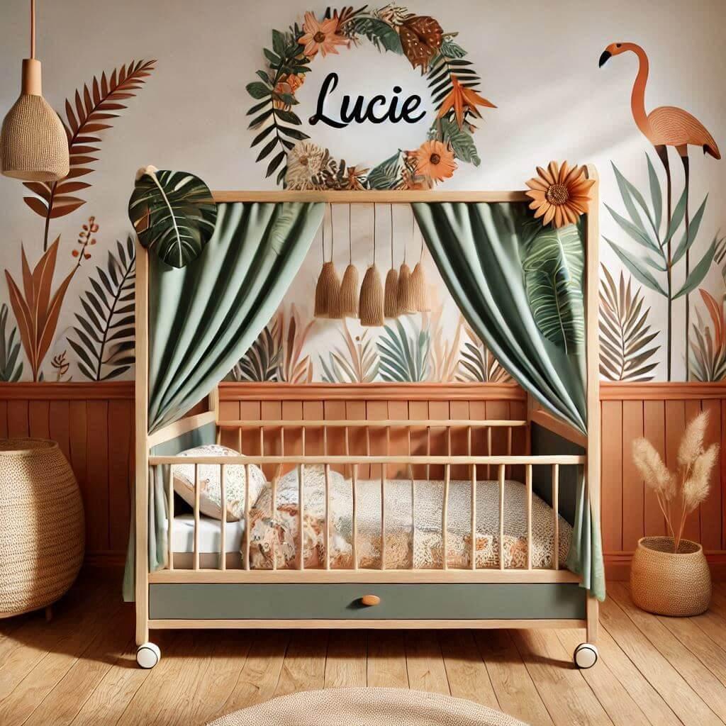 Decoration realiste de chambre denfant sur le theme de la jungle nommee lucie avec un lit cabane original dans des tons orange sable brun et vert menthe le lit cabane a des rideaux