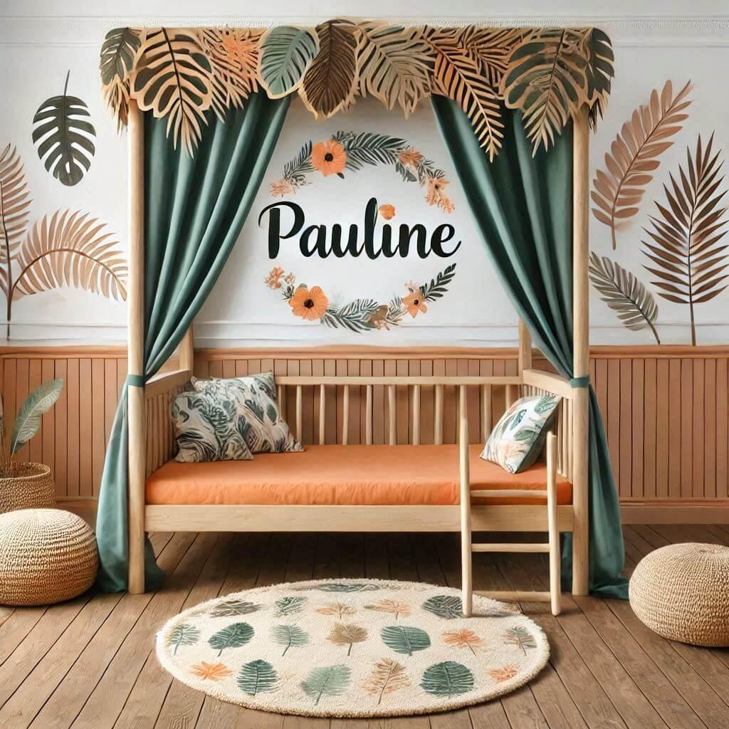 Decoration realiste de chambre denfant sur le theme de la jungle nommee pauline avec un lit cabane original dans des tons orange sable brun et vert menthe le lit cabane a des ridea