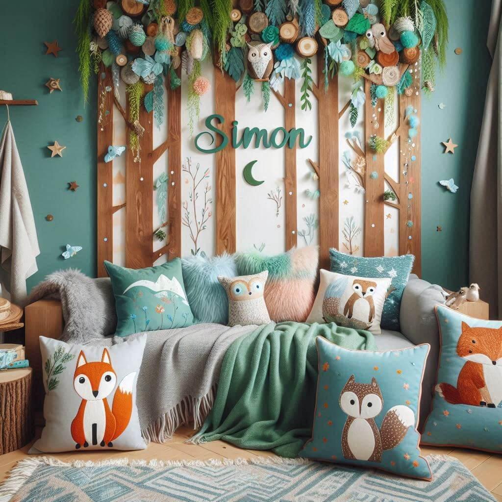 Decoration theme foret enchantee avec un canape et des coussin animaux de la foret prenom simon