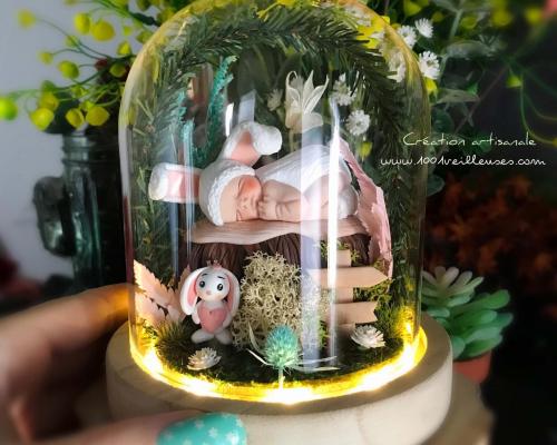 Dome en verre lumineux bebe lapin jardin miniature cadeau bébé naissance